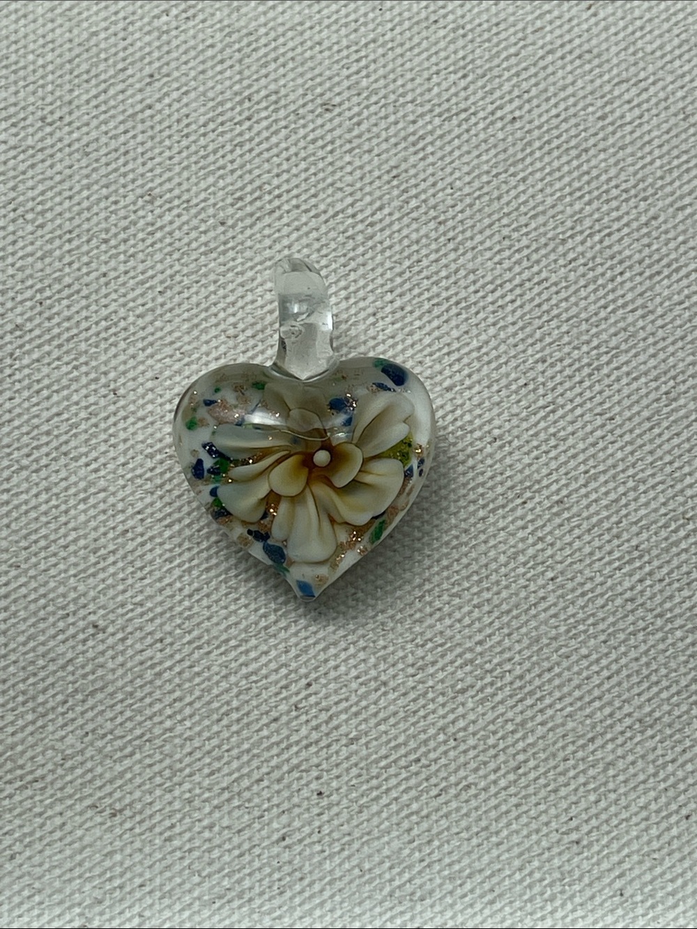 Handmade Glass Heart Pendant Necklace with White Floral Core